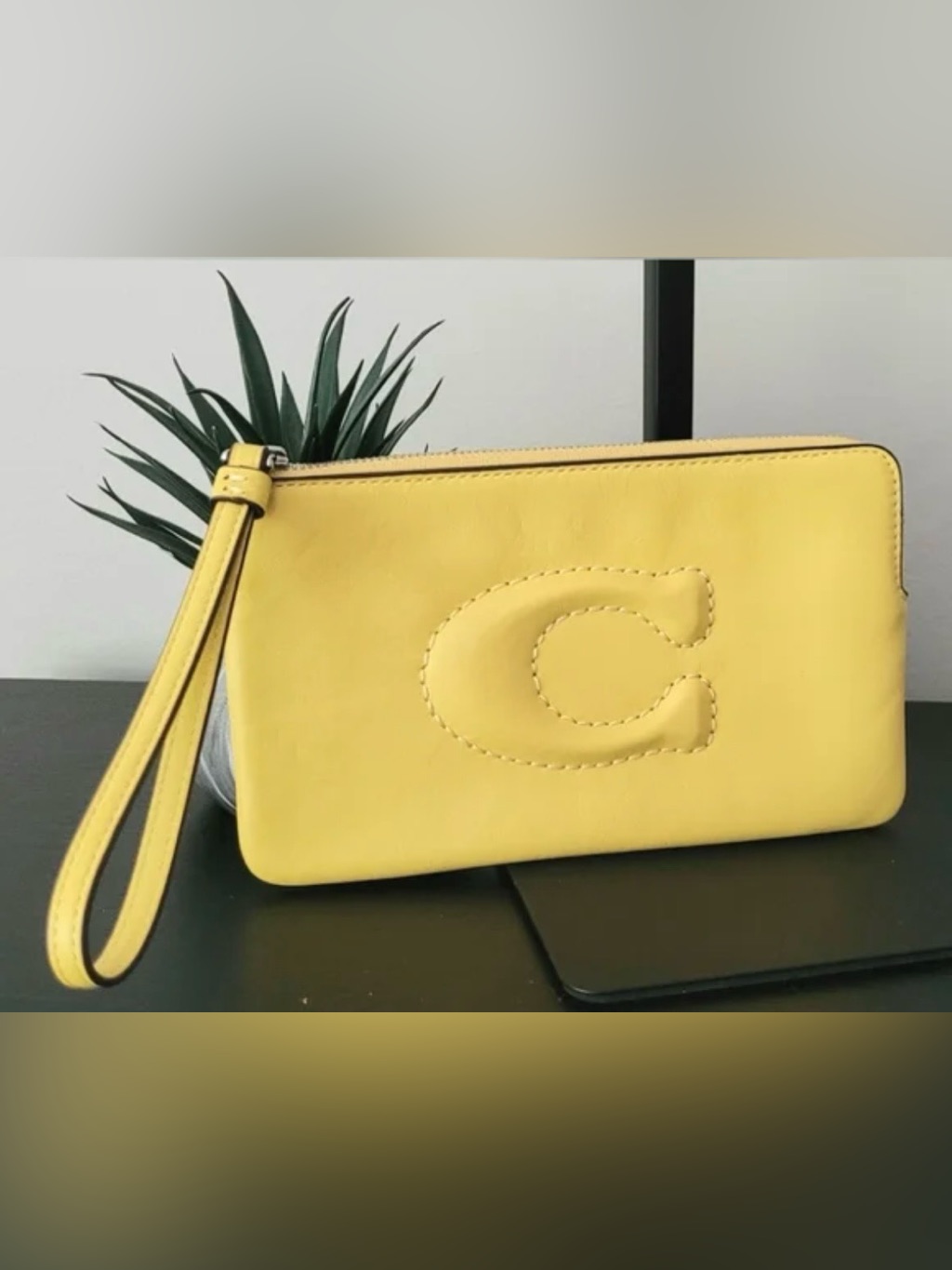 Authentic Coach Yellow Leather Wristlet Embossed C